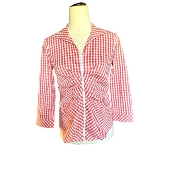 Lafayette 148 NY Petite Red White Gingham Stretch Button-Up Shirt Size 4 - Picture 4 of 8